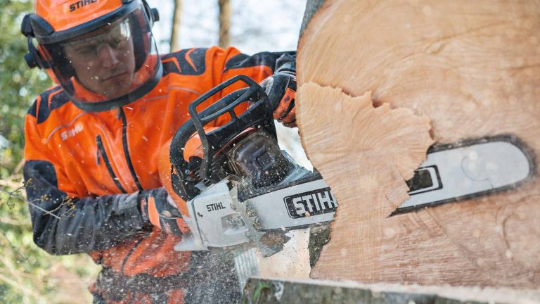 Man in STIHL clothing with chainsaw cutting tree